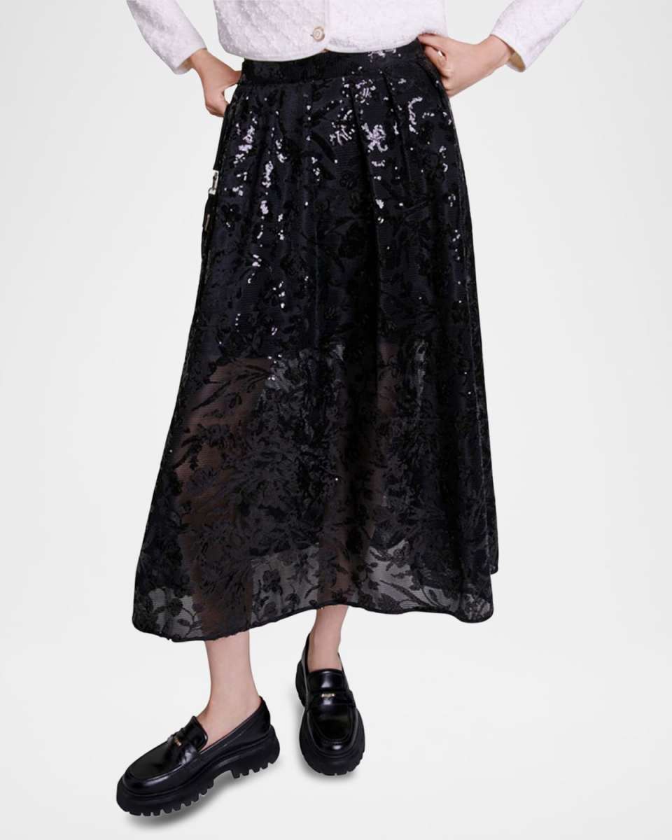 Jupon Floral Sequined Midi Skirt