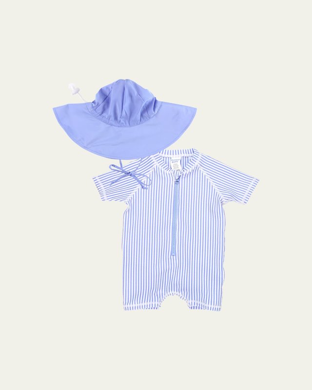 Boy's Striped One-Piece Swimsuit and Hat Set, Size 0M-2T