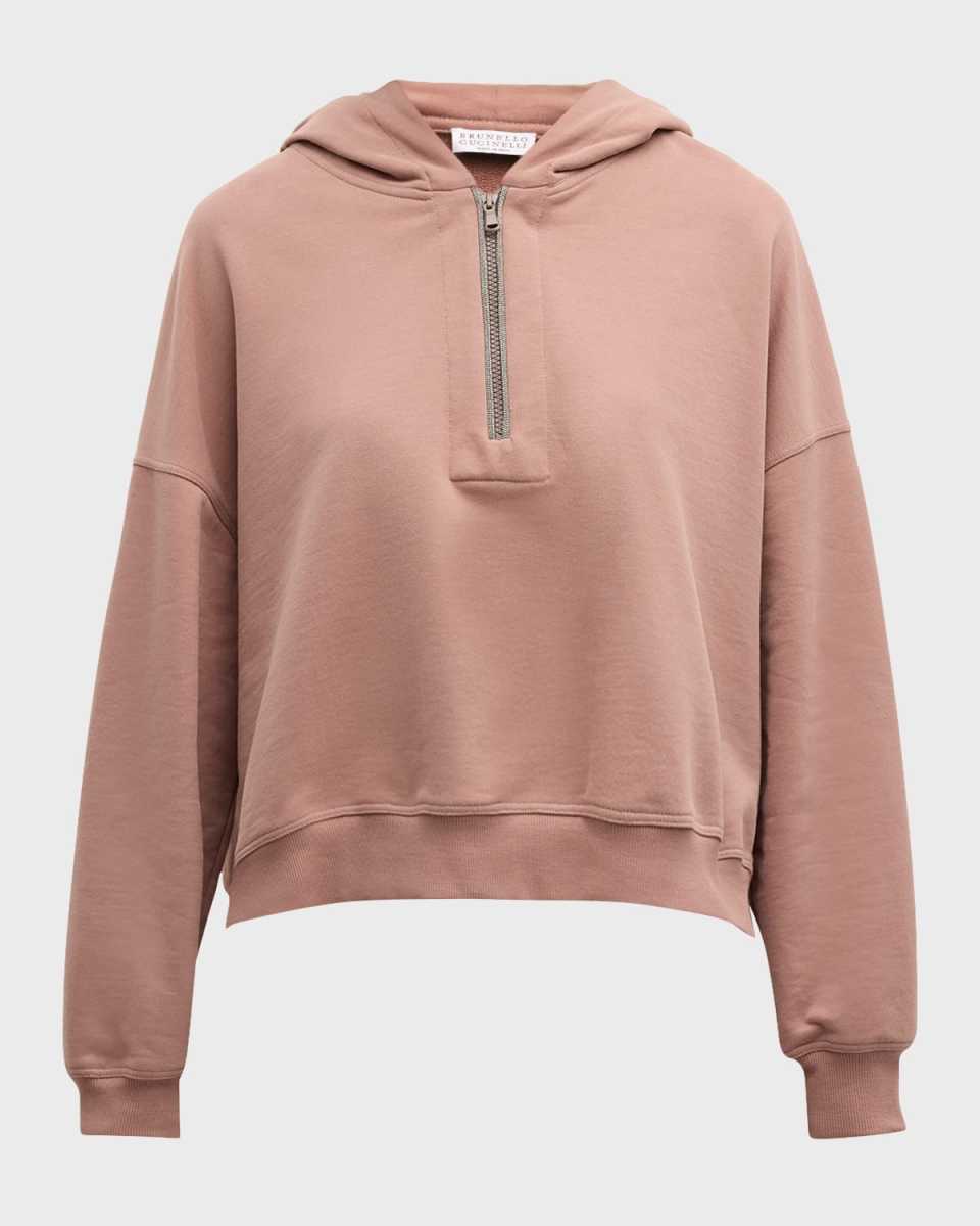 Cotton Jersey Zip- Up Hoodie with Monili Trim
