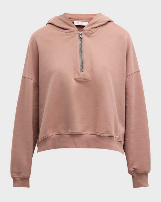 Cotton Jersey Zip- Up Hoodie with Monili Trim