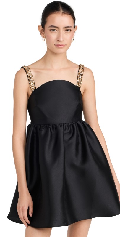 Self Portrait Black Taffeta Embellished Mini Dress Black