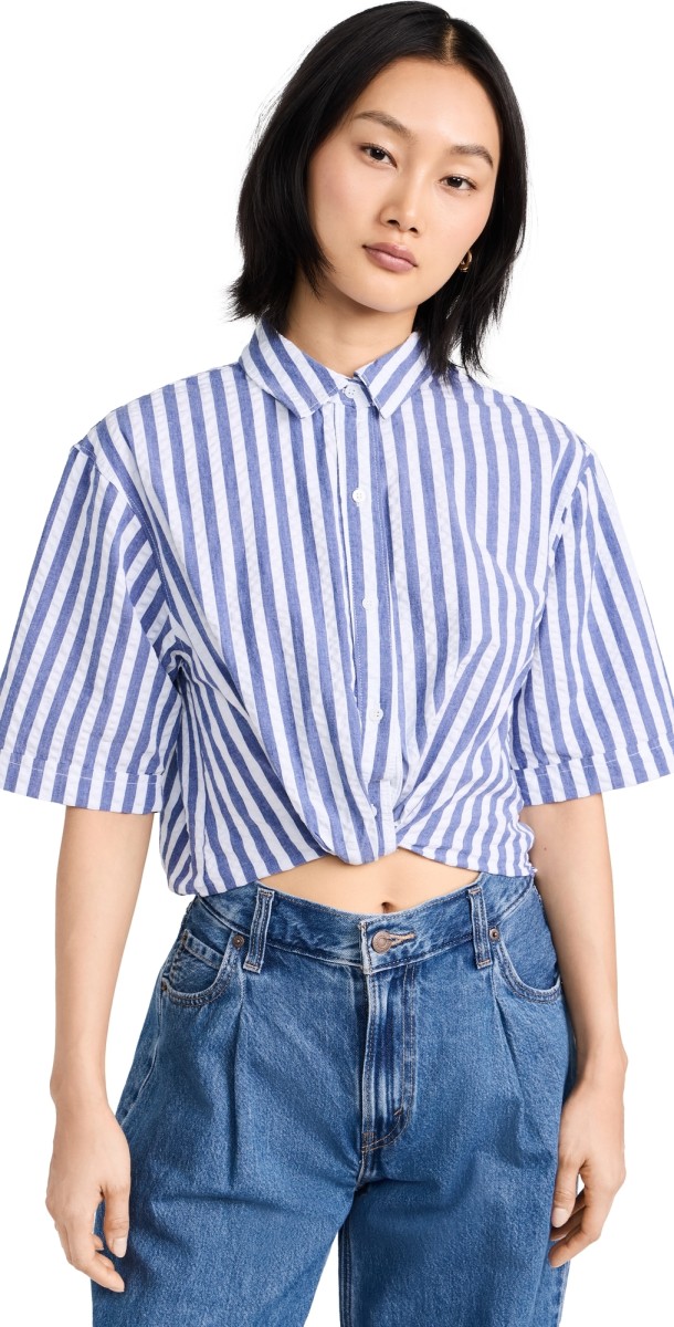 Stateside Puckered Stripe Short Sleeve Cropped Twist Shirt Navy Stripe