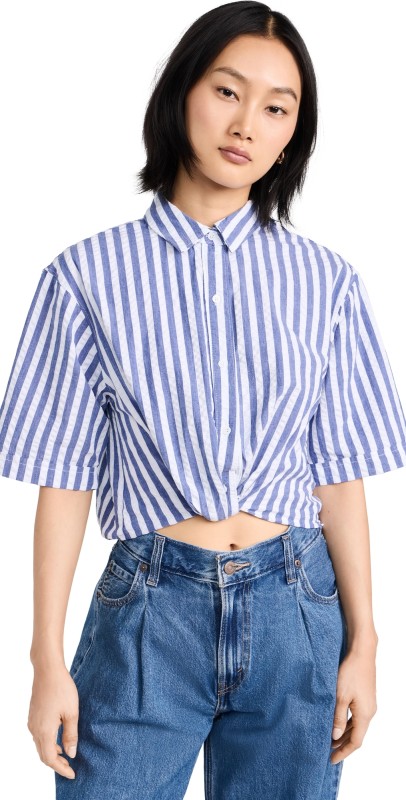 Stateside Puckered Stripe Short Sleeve Cropped Twist Shirt Navy Stripe