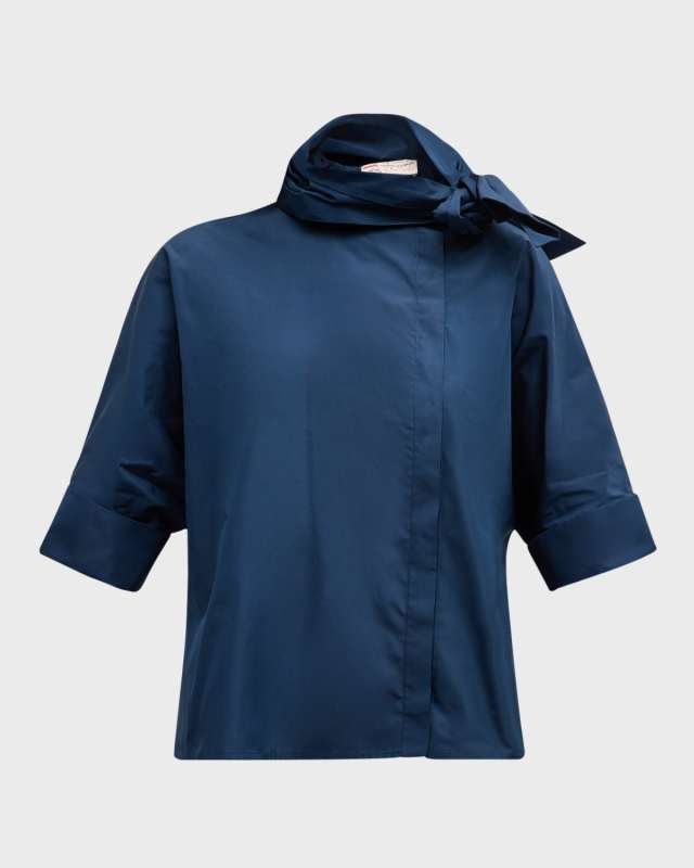 Neck-Tie Taffeta Short Sleeve Blouse