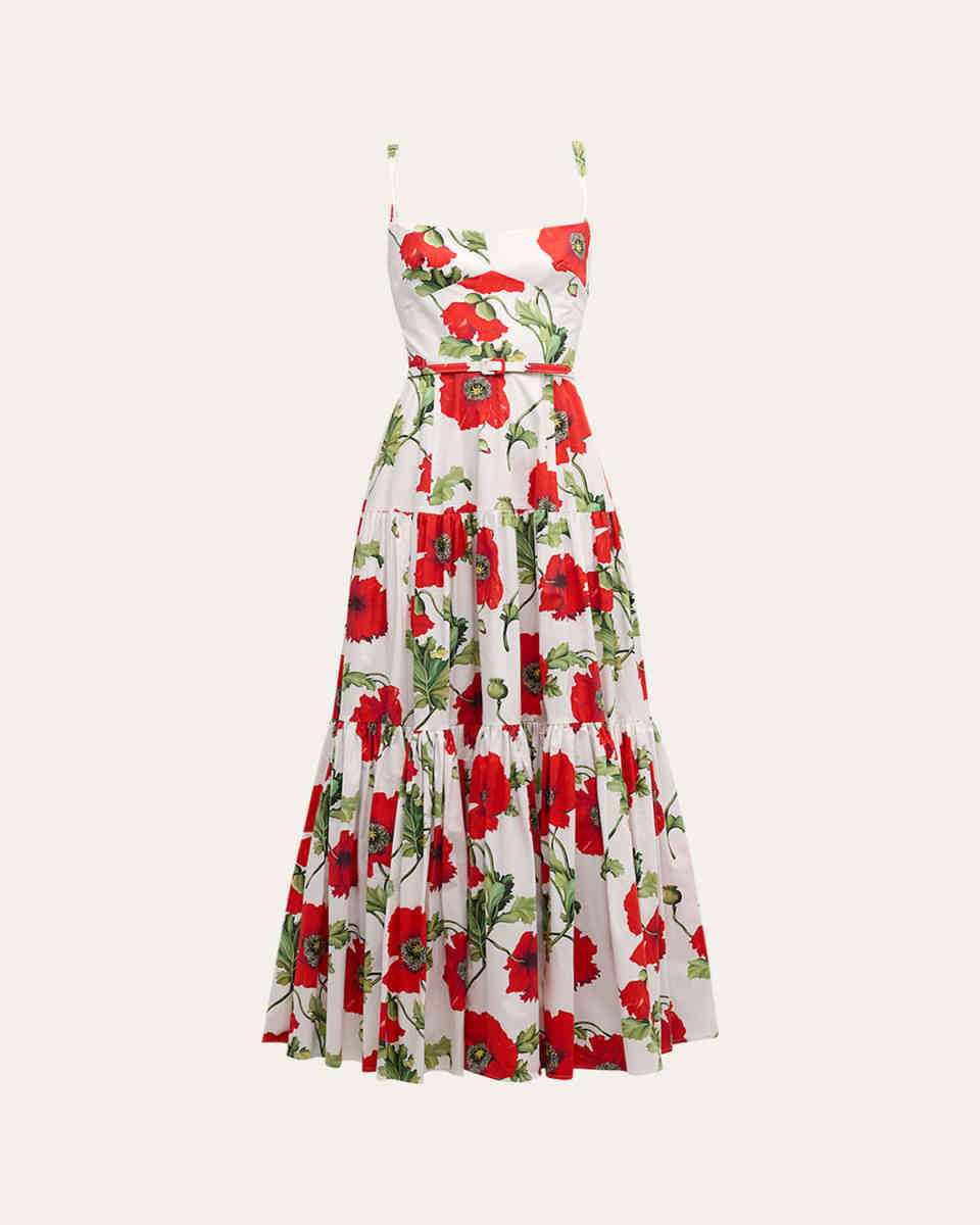 Poppies-Print Sleeveless Belted Tiered Maxi Dress