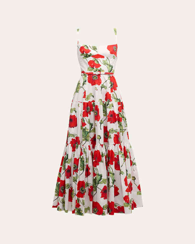 Poppies-Print Sleeveless Belted Tiered Maxi Dress