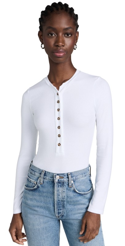 Ambitionist Button Up Ribbed Henley Thong Bodysuit White