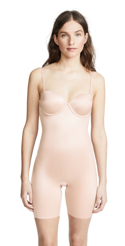 SPANX SPANXshape Suit Your Fancy Strapless Cupped Mid-Thigh Bodysuit Champagne Beige