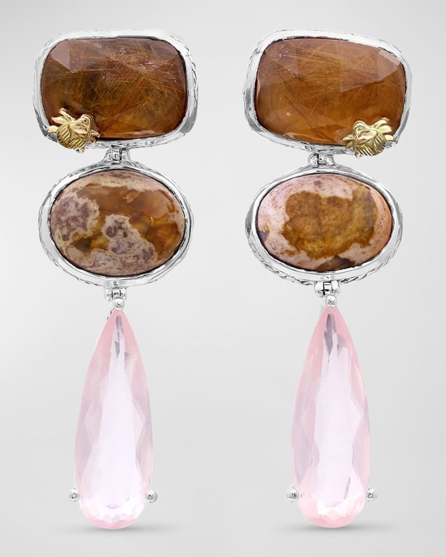 Red Hair Rutilated Quartz, Fire Opal and Rose Quartz Earrings
