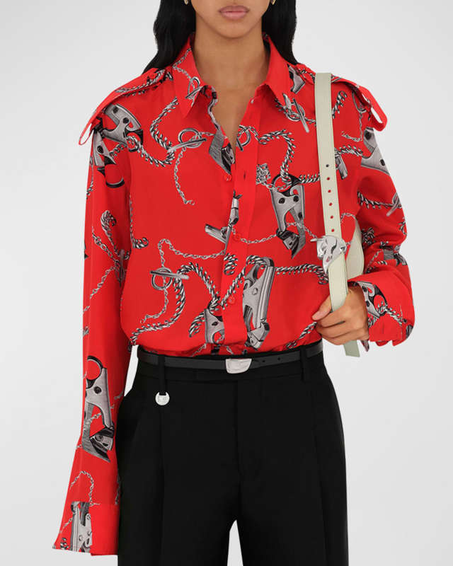 Chain-Print Shoulder-Epaulet Button-Front Silk Top
