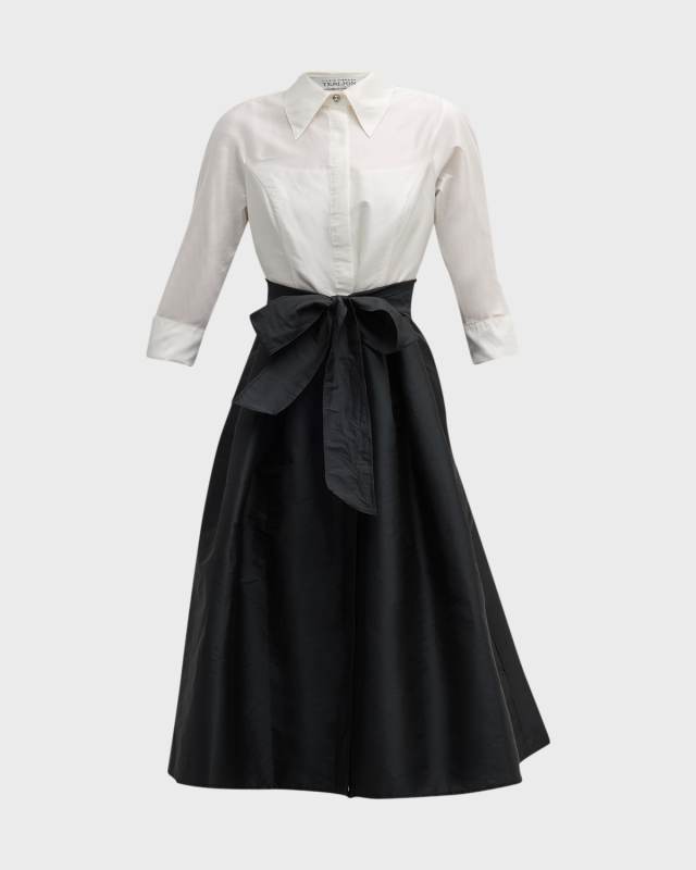 Two-Tone 3/4-Sleeve Taffeta Shirtdress