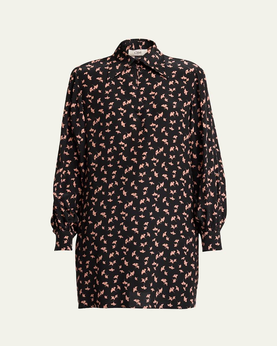 Ginko Hommage Print Collared Silk Shirt Dress