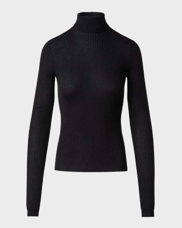 Turtleneck Cashmere-Silk Fine Rib Seamless Sweater