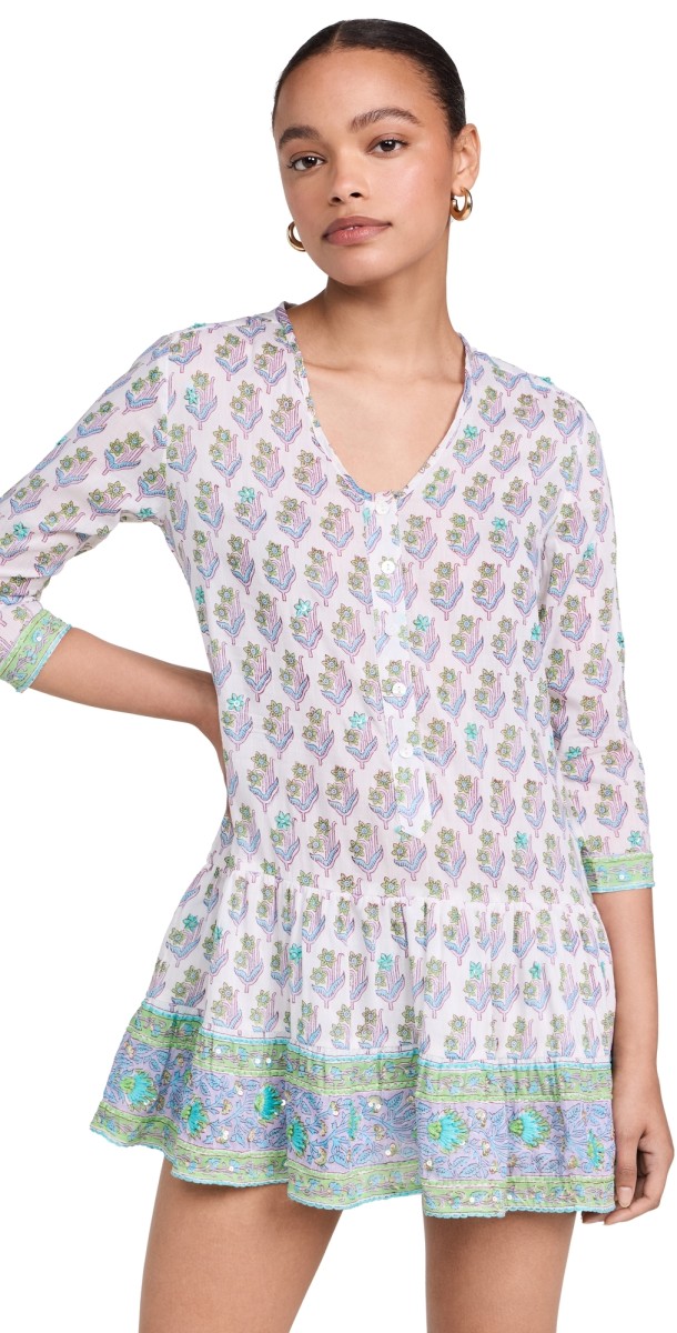 Bell Popover Flounce Dress Green Turquoise Print