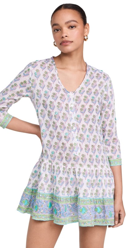 Bell Popover Flounce Dress Green Turquoise Print