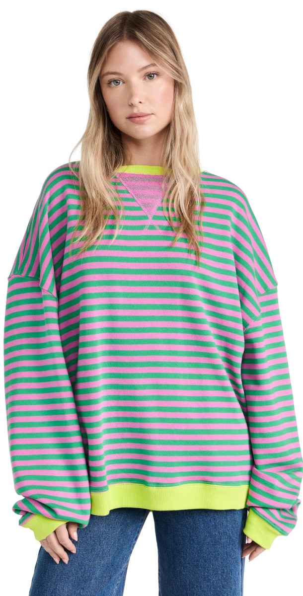 Free People Classic Striped Crew Sweatshirt Pink Combo
