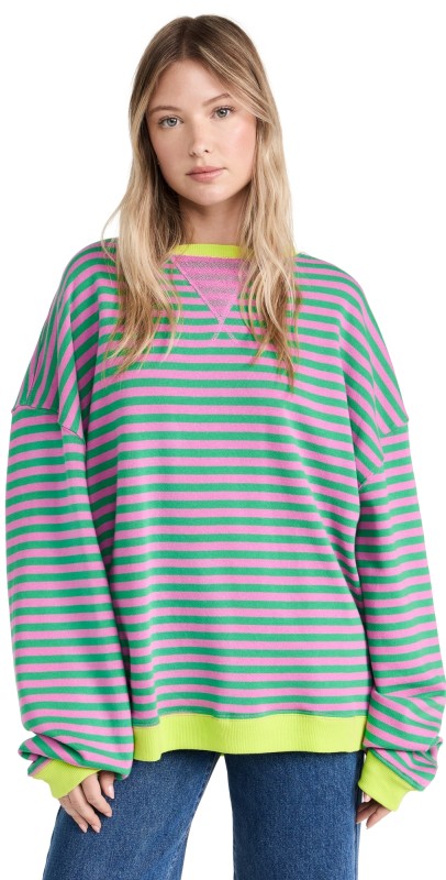 Free People Classic Striped Crew Sweatshirt Pink Combo