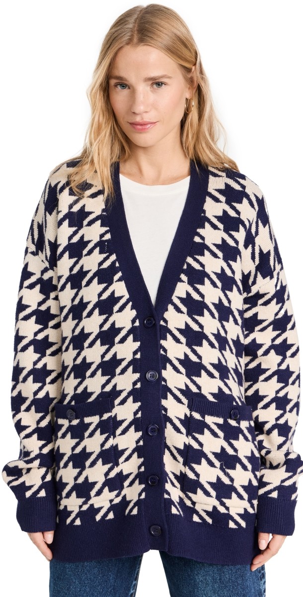 English Factory Knit Houndstooth Cardigan Navy Multi