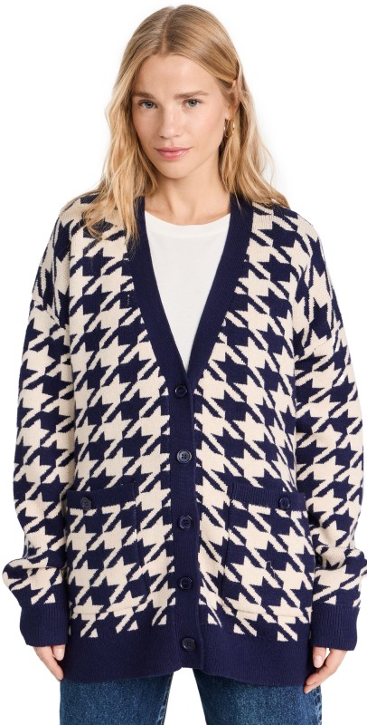 English Factory Knit Houndstooth Cardigan Navy Multi