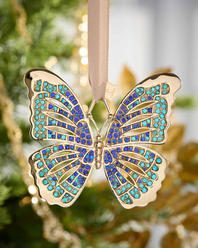 24K Gold-Plated Butterfly Christmas Ornament with Blue Swarovski Crystals