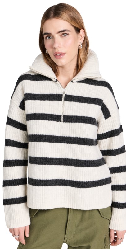 Alex Mill Felix Zip Merino in Stripe Ivory/Charcoal