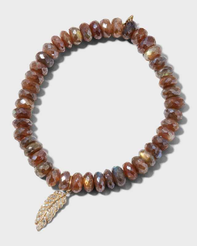 7mm Mystic Brown Labradorite Bracelet with Small Pave Feather Charm