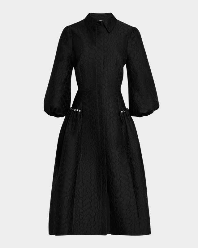 Pearly-Trim Jacquard Midi Shirtdress