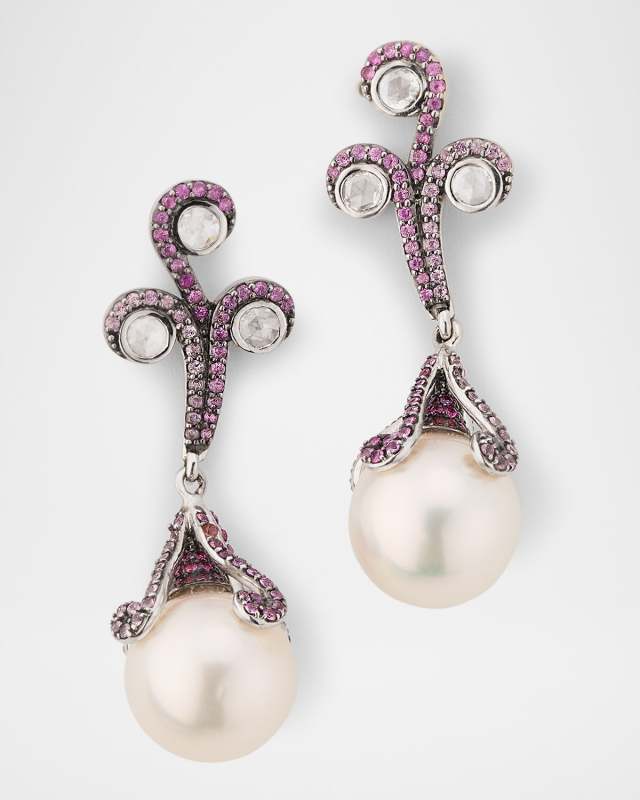 18K White Gold 13mm South Side Pearl, Pink Sapphire, and Diamond Drop Earrings