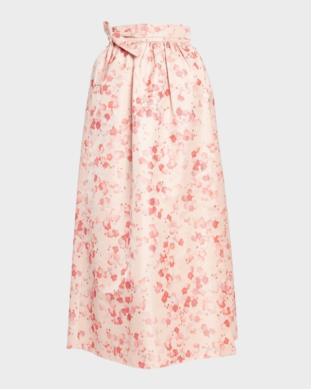 Leah Blooms-Print Belted Silk Crepe De Chine Midi Skirt