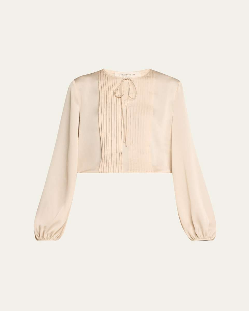 Pintuck Blouson-Sleeve Satin Blous