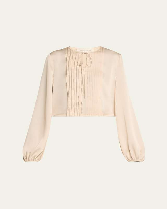 Pintuck Blouson-Sleeve Satin Blous