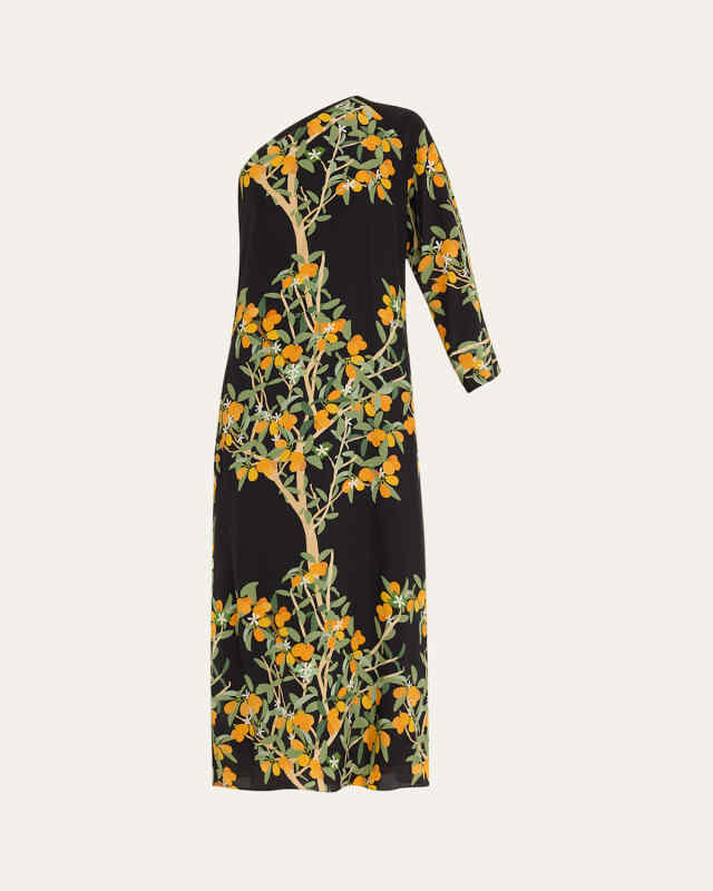 Lola One-Shoulder Kumquat Print Midi Dress