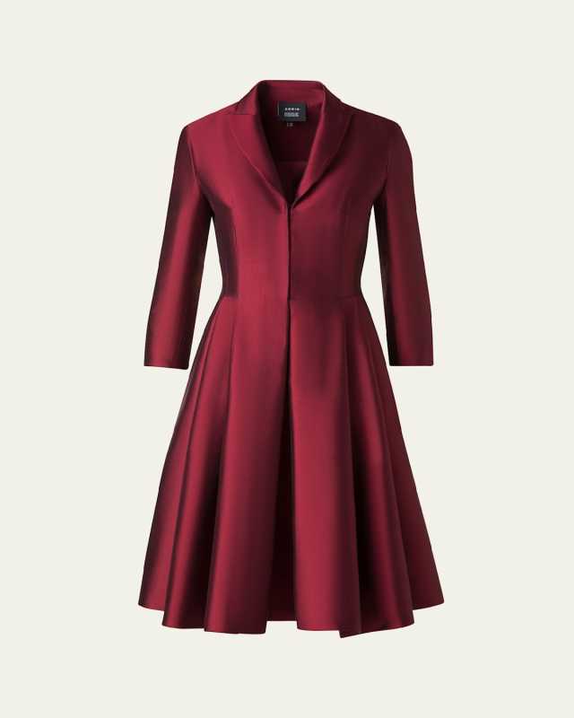 Dupion Three-Quarter Sleeve Pleated Cocktail Dress