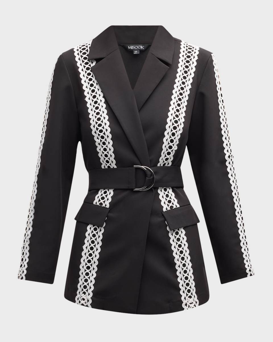 Belted Eyelet-Trim Twill Jacket