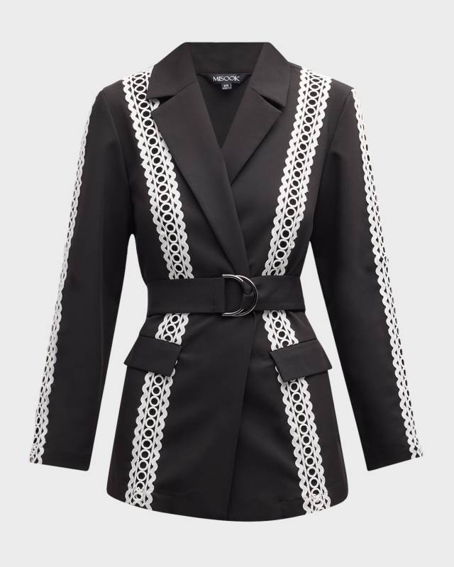 Belted Eyelet-Trim Twill Jacket