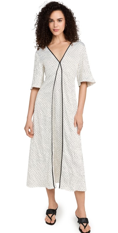 GANNI Crinkled Satin V Neck Long Dress Egret