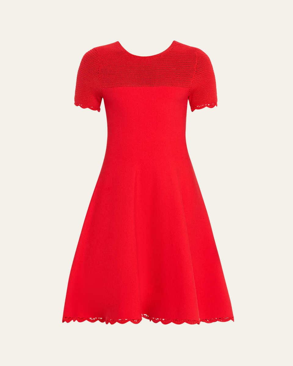 Open-Knit Scallop Fit-Flare Sweater Dress