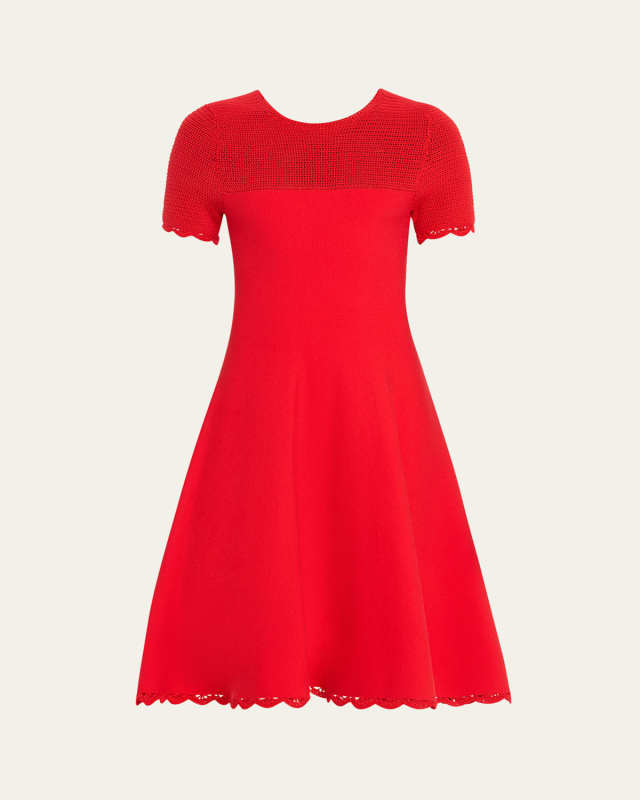 Open-Knit Scallop Fit-Flare Sweater Dress