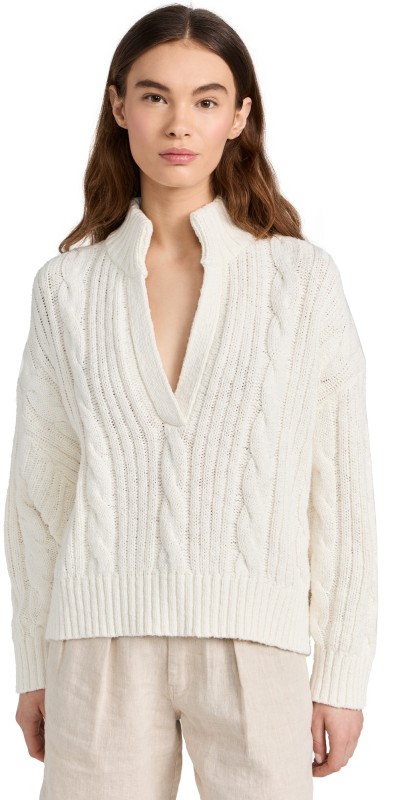 Denimist Split Neck Cable Sweater White