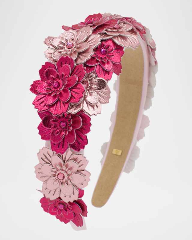 Girl's Headband W/ Faux Leather Metallic Flowers