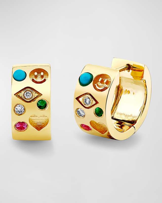 14K Yellow Gold Iconography Huggie Hoop Earrings