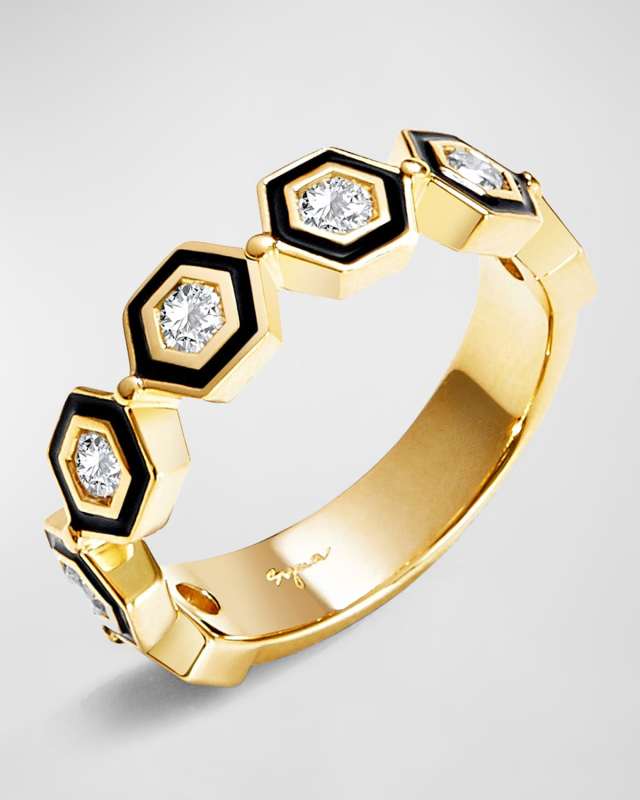 18K Yellow Gold Hex Ring with Black Enamel and Diamonds, Size