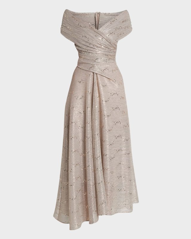 Metallic Sequin Voile Off-The-Shoulder Midi Dress
