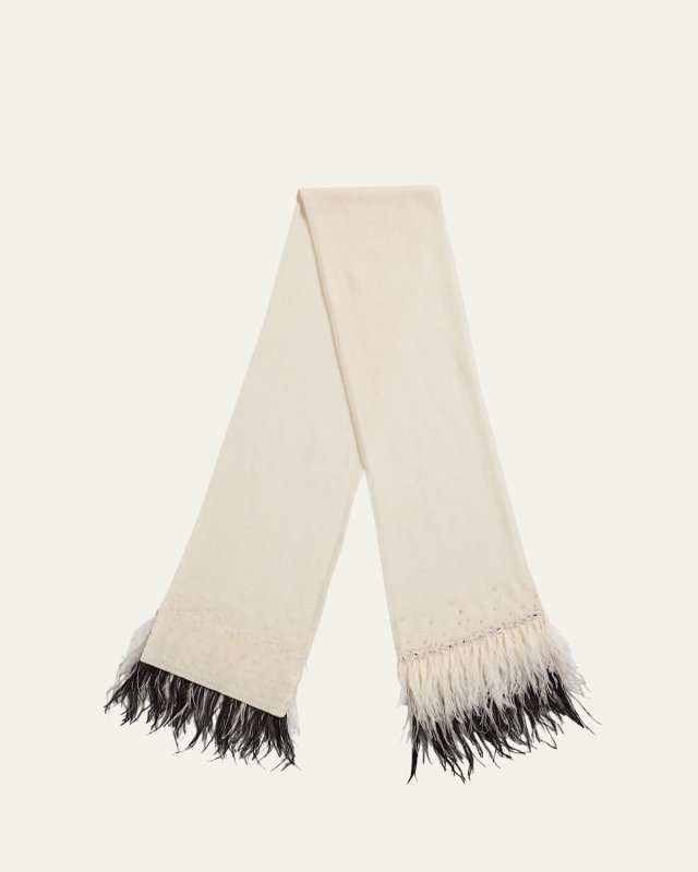 Cashmere Scarf W/ Ombre Ostrich Feathers