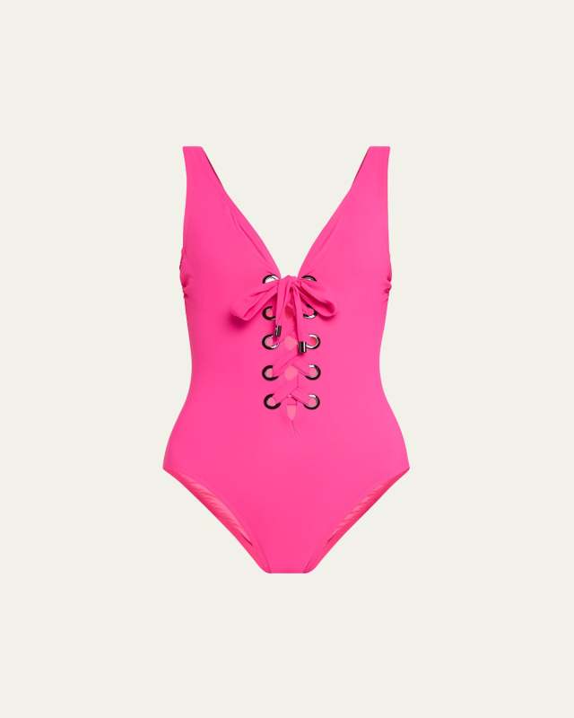 Lucy V-Neck Lace-Up Underwire Tank One-Piece Swimsuit