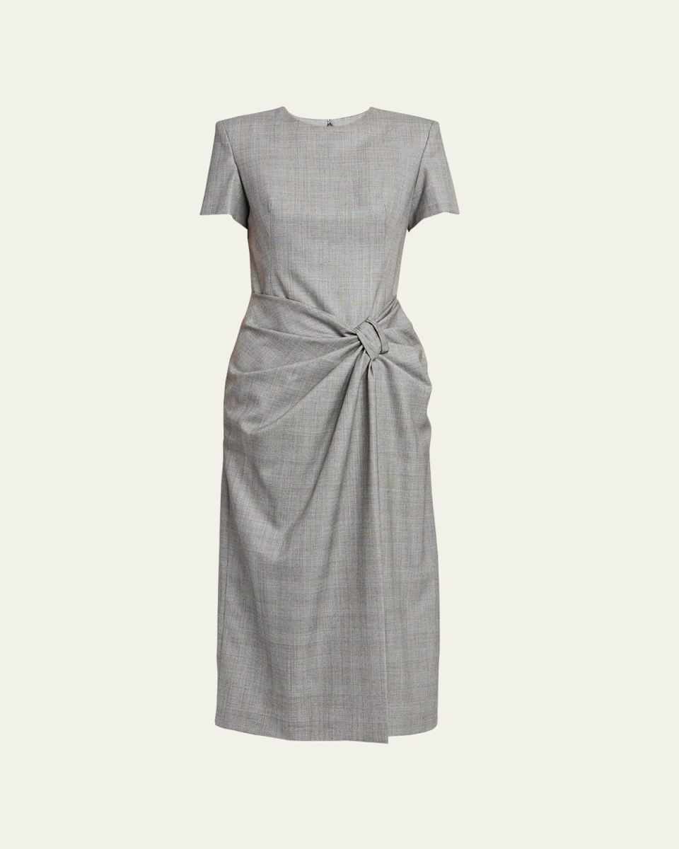 Prince of Wales Ruched Waist Wool Midi Dress