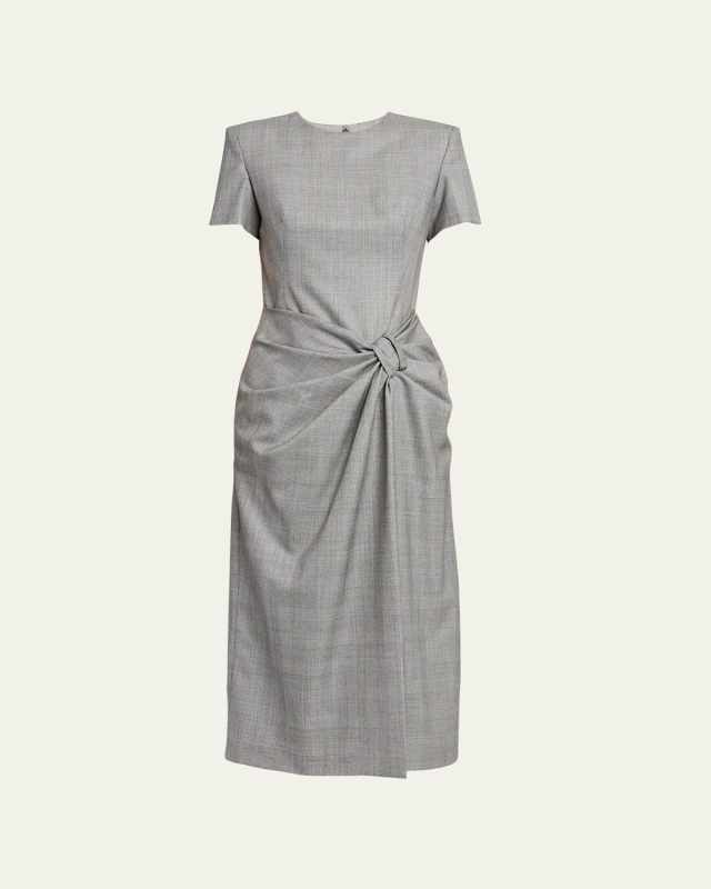 Prince of Wales Ruched Waist Wool Midi Dress
