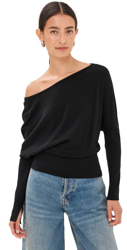 SIMKHAI Lavina Draped Off Shoulder Sweater Black