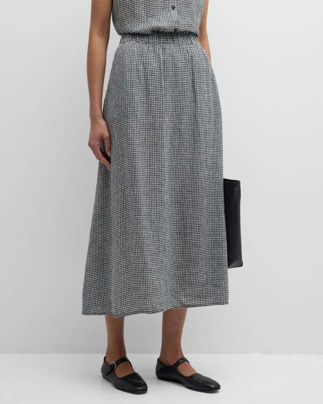 Crinkled Gingham Organic Linen Midi Skirt