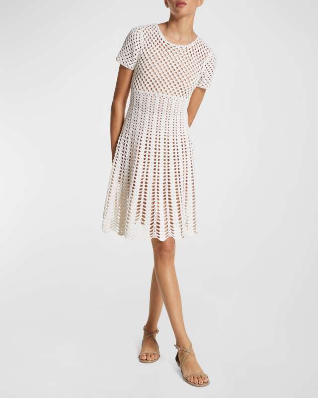 Cashmere Crochet-Knit Short-Sleeve Mini Dress